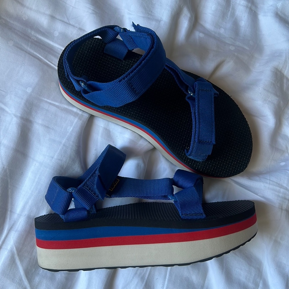 Teva Blue Platform Sandals with Red and White Stripe